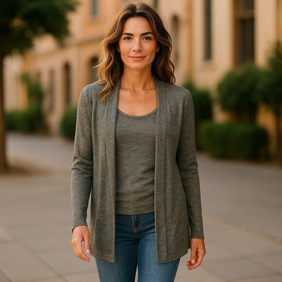 NEW Eileen Fisher Womens Open Front Cardigan Sweater Tank Set Sz L Metallic Gray - Picture 1 of 14